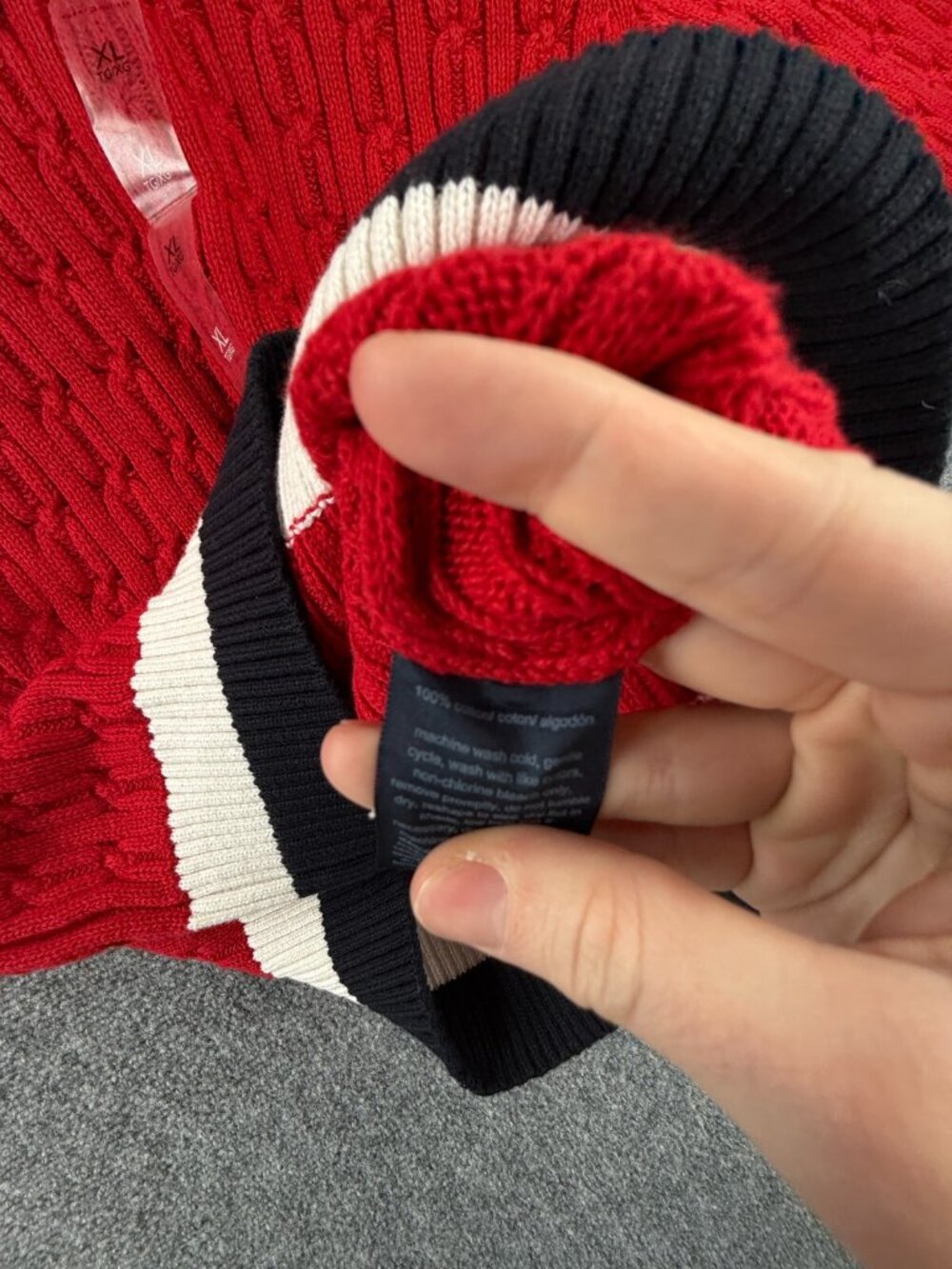 NWT Tommy Hilfiger Red Cable Knit Pullover Sweater $80 Women XL Preppy Blue Trim - Picture 12 of 13